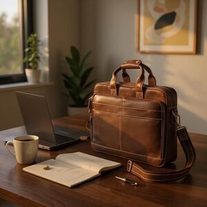 Luxorro Full-Grain Leather Laptop Bag Briefcase  for Men, 15.6-inch, Dark Brown